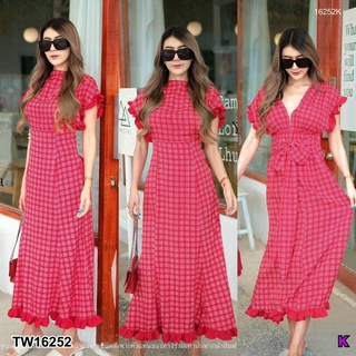 KT16252 Dress ลายสก๊อต V หลัง สามารถใส่ได้ 2 ด้าน โบว์ เวอร์วังอลังการ"