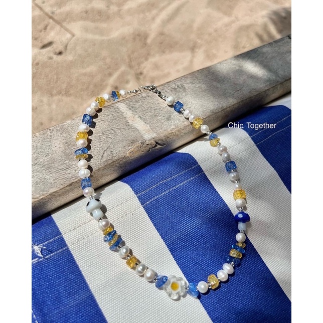 New Necklace :: สร้อยคอมุกน้ำจืด สลับหินคริสตัล 2 โทน