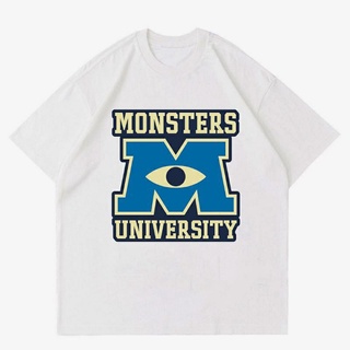 แขนสั้นcrew neckเสื้อยืด | เสื้อยืด พิมพ์ลาย Disney MONSTER INC | เสื้อยืด ลายการ์ตูนดิสนีย์ มหาวิทยาลัย | เสื้อยืด สีขา