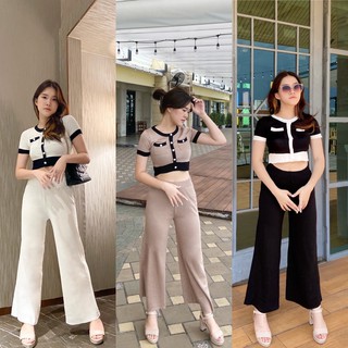 Cicishop(พร้อมส่ง)(SET-BZ251)ชุดเซตผ้าไหมพรม กางเกงขายาว+เสื้อแขนสั้น ทูโทน สวยเกร๋ ไฮโซ