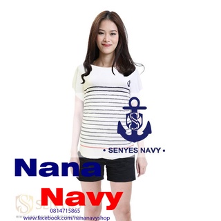 เสื้อขาวลายทางกรมปลายแดงแขนสั้น ยี่ห้อ Senyes (หญิง M L)