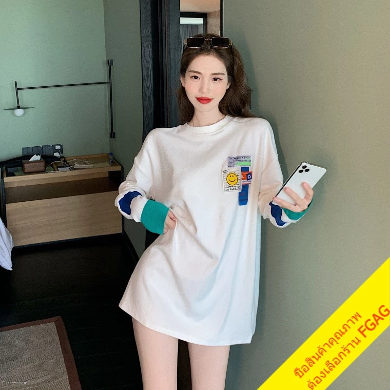 เสื้อยืดแขนยาวทรงหลวมผู้หญิง ไซส์ใหญ่ ล่าสุด oversize เสื้อผ้าแฟชั่นสไตล์เกาหลีน่ารัก เสื้อโอเวอร์ไซส์สีขาว สกรีนลาย thumbnail 7