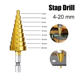 ดอกสว่าน ทรงเจดีย์ เคลือบไททาเนี่ยม เจาะรู ขยายรู  Step Drill 4-20mm