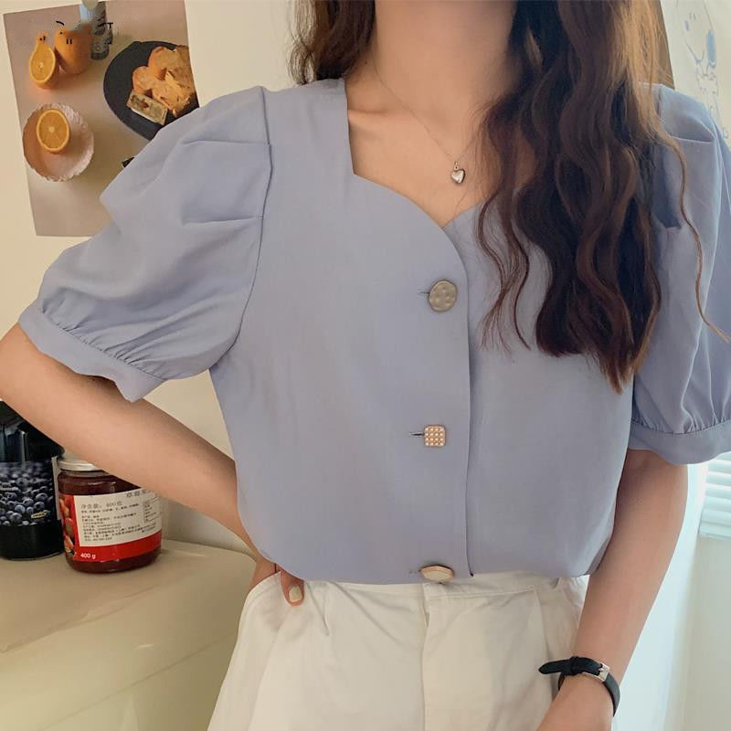 เสื้อเชิ้ตแขนพองคอเหลี่ยม เสื้อแขนสั้นเกาหลีสีขาวทำงานผู้หญิง