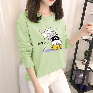 newร่น-206 เสื้อยืดแฟชั่นผู้หญิง แขนยาว ลายแมวน่ารักๆผ้าเนื้อดีนุ่มเบา สวมใส่สบาย สไตล์เกาหลี ยอดฮิตพร้อมส่งจ่ายปลายทาง