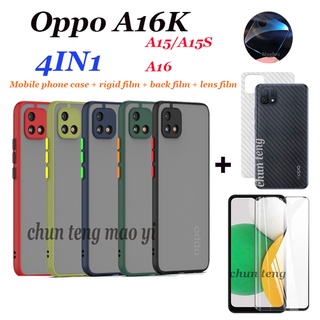 [4IN1] สำหรับ OPPO A16K กันกระแทกกล่องป้องกันเลนส์กล้อง Hard เคสโทรศัพท์ Frosted ฝาหลัง + ฟิล์ม Dura + ฟิล์มด้านหลัง + ฟิล์มเลนส์