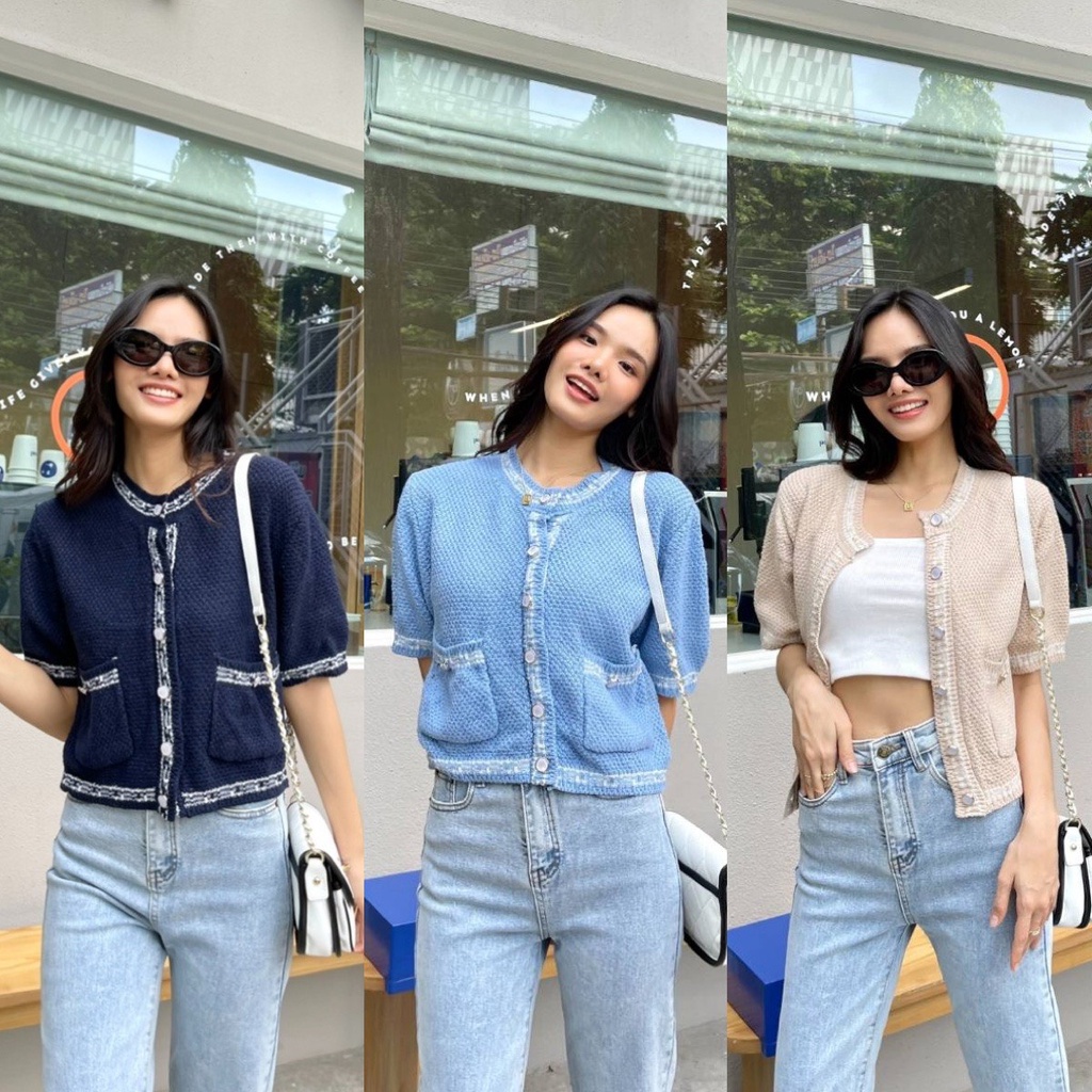 เสื้อคาร์ดิแกนแขนสั้น ป้ายWynn🌷 ผ้าถัก แต่งกระดุมมุก ดีเทลถักผ้าสลับสีที่ขอบเสื้อ