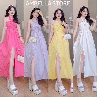 ♥️Ambella♥️ เดรสสายคล้องคอ สีน่ารัก เดราไปคาเฟ่ เดรสโชว์หลัง เดรสยาวผู้หญิง ชุดเดรสไปทะเล เดรสแฟชั่น 2020