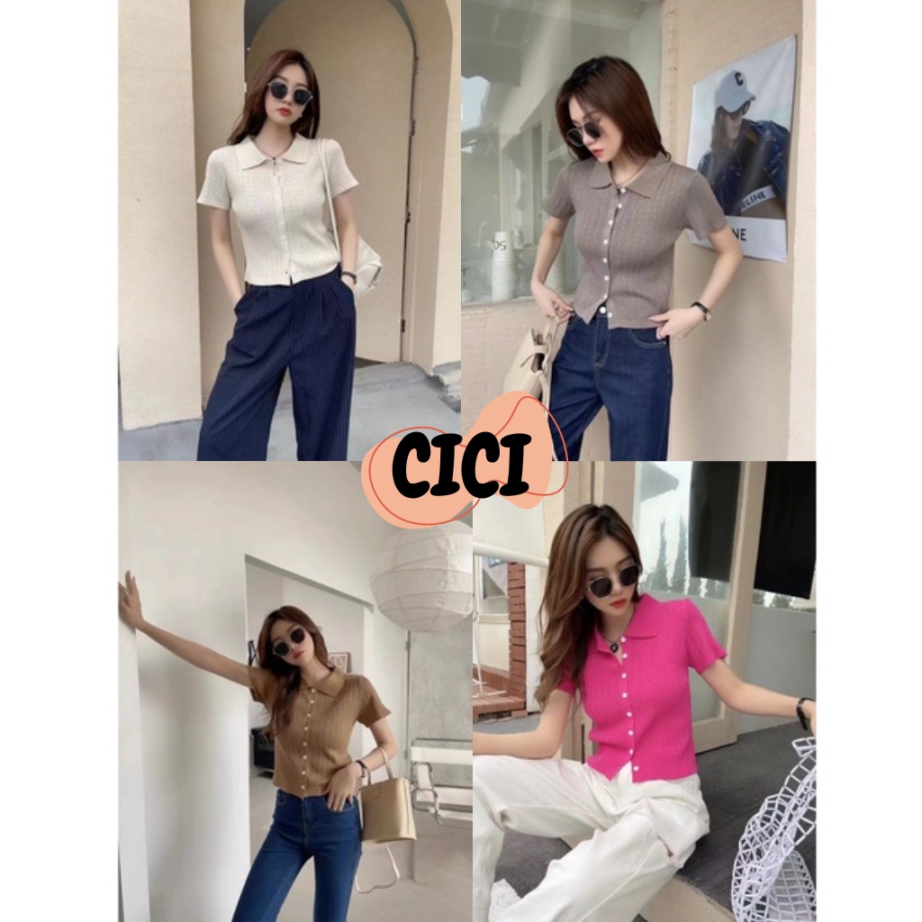 ส่งทันที Cici(NO. A1022)เสื้อไหมพรม knit แขนสั้น POLOกระดุมหน้าสไตล์เกาหลี ผ้าดีสวมใส่สบาย