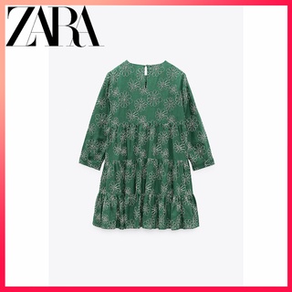 Zara ใหม่ ชุดเดรสสั้น ปักลาย สีเขียว แฟชั่นสไตล์ย้อนยุค สําหรับผู้หญิง