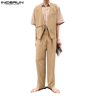 Incerun เสื้อเบลเซอร์ แขนกุด + กางเกงสูท สองชิ้น สําหรับผู้ชาย