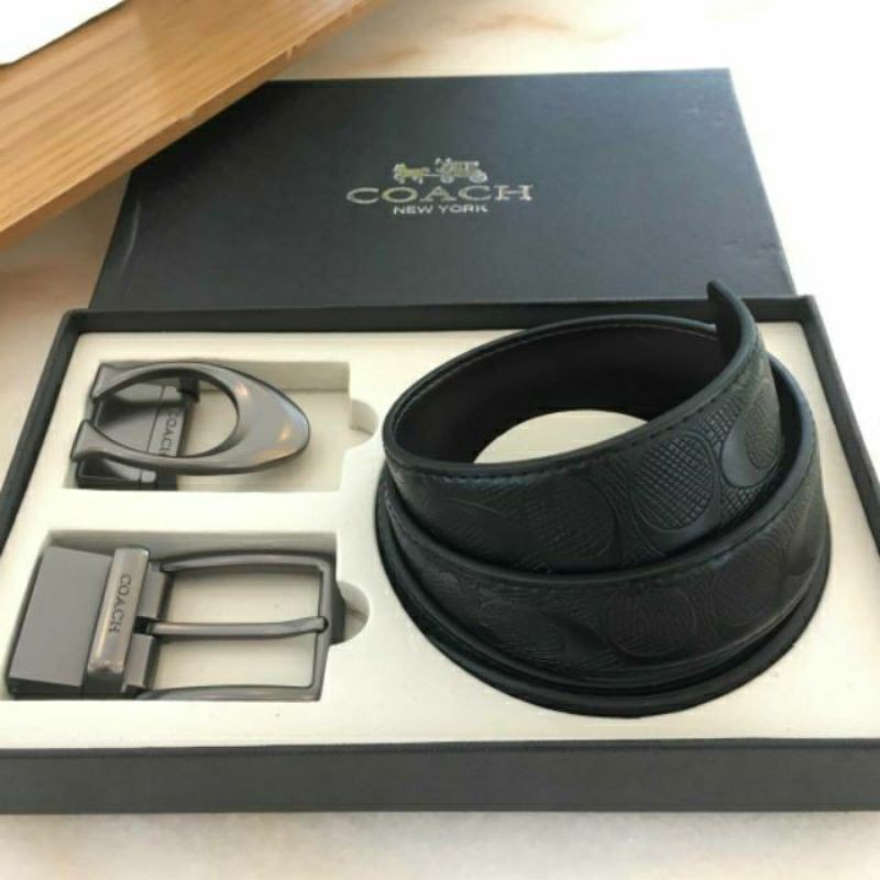 Set เข็มขัด Coach แท้ outlet สีดำ สายนูน มี2หัว สลับเปลี่ยนได้ ผู้ชาย ของขวัญ สุดคุ้ม