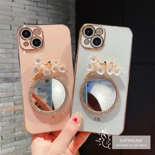 เคสโทรศัพท์มือถือ TPU นิ่ม ขอบตรง ลายดอกไม้ นกพลัม พร้อมกระจก สําหรับ OPPO Reno 7 Pro 7Z 5G 4G A16K A16 F17 Pro