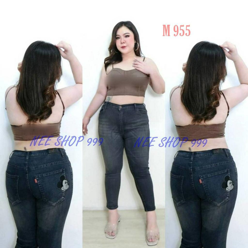 M 955 กางเกงสาวอวบ ยีนส์ยืด  8.5 ส่วน สีสนิม งานปัก