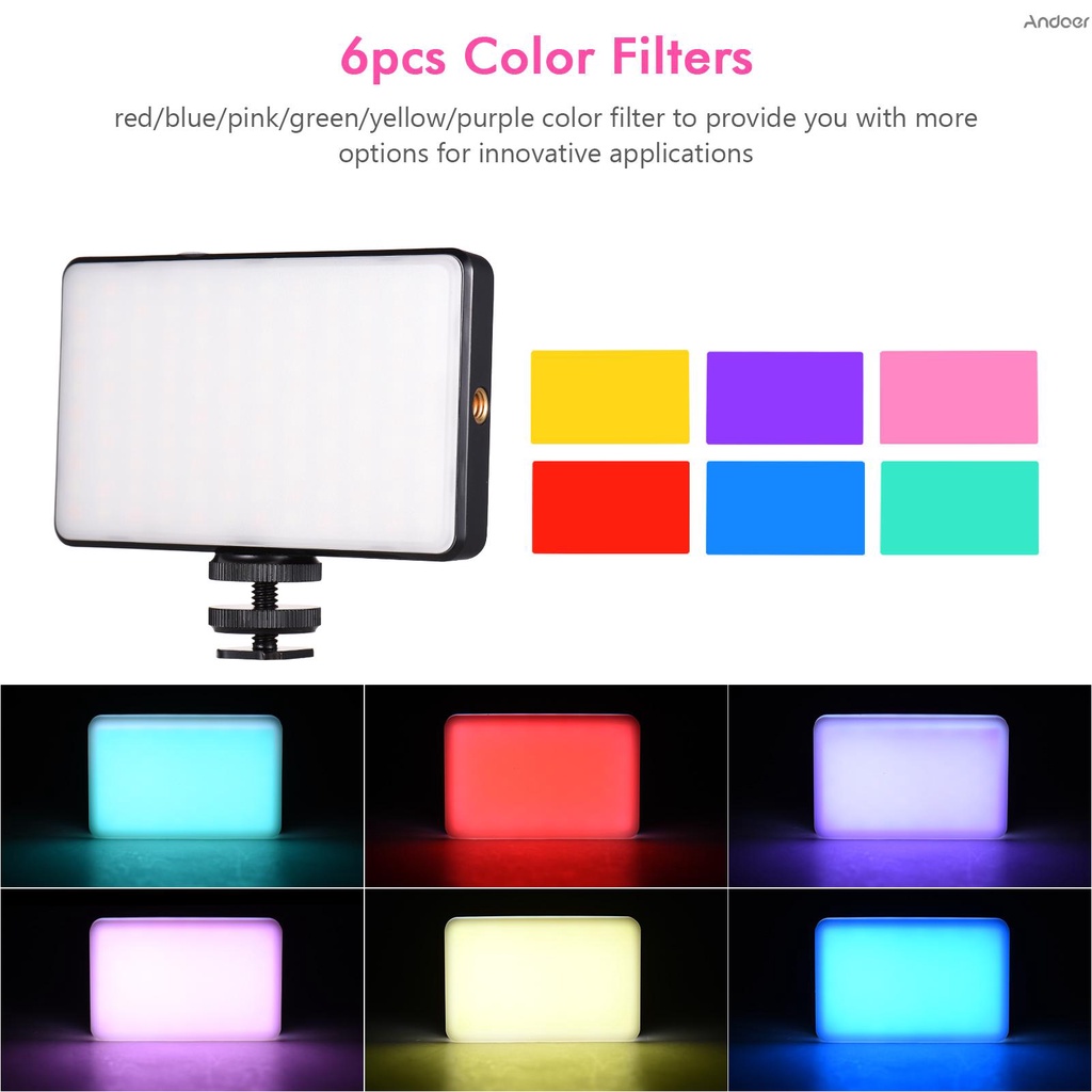 Andoer ST120 ไฟเติมแสงวิดีโอ LED 2500K-9000K CRI95+ หรี่แสงได้ สองสี พร้อมตัวกรองซิลิคอน 6 ชิ้น