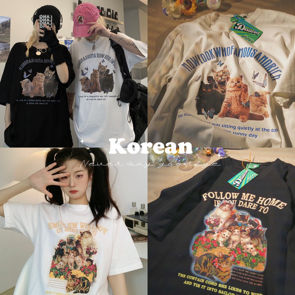 Korean เสื้อยืดน้องเหมียว เอาใจทาสแมว เสื้อโอเวอร์ไซส์ งานสกีนสวย ผ้าสผมเนื้อผ้าเด้ง ไม่ติดตัวใส่สบาย V173