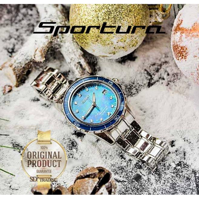SEIKO Sportura 11Diamond Kinetic นาฬิกาข้อมือผู้หญิงสแตนเลส หน้าปัดมุก สีเทอร์ควอยซ์ รุ่น SKA873P1 - Blue Turquoise