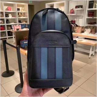 💯Original/ COACH New mens leather business and leisure sports shoulder messenger bag/blue stripe/Chest bag/ F49318