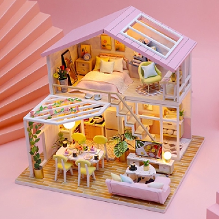 (มีไฟ+ที่ครอบ+เพลง) บ้าน DIY บ้านตุ๊กตา โมเดลบ้าน Mini Doll House บ้านโมเดล