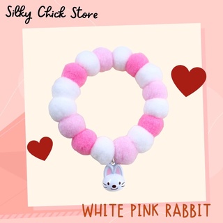 ปลอกคอ White pink Rabbit (กระต่าย) พรีเมียม ปอม ปอม Collar [Rubber type]