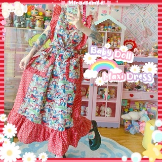 Baby Doll Maxi Dress เดรสแขนกุดลายการ์ตูน แต่งแขนระบาย โทนสีแดง เดรสกระโปรง เดรสฟรุ้งฟริ้ง งานป้าย