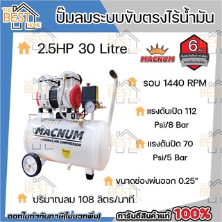 MACNUM ปั๊มลม ระบบขับตรงไร้น้ำมัน oil free ขนาด30 ลิตร ออยฟรี ปั๊มลมเสียงเงียบ ปั้มลม ปั้มลมไฟฟ้า