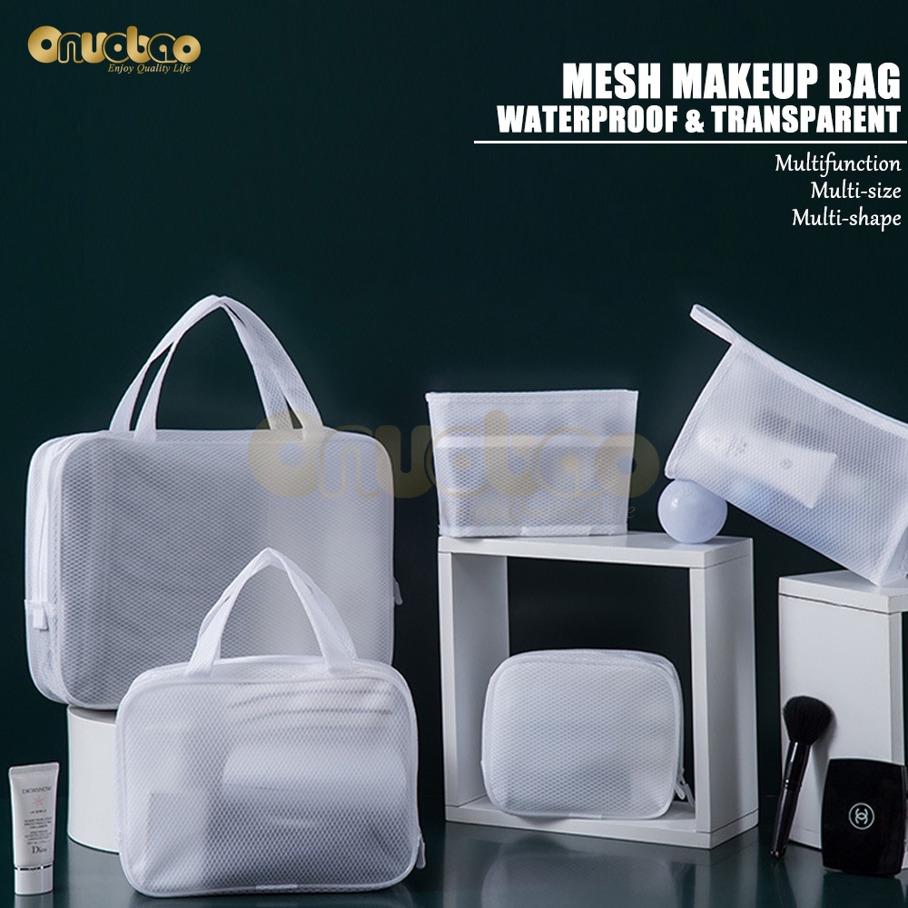 กระเป๋าเครื่องสําอางเดินทางตาข่ายกันน้ําสีขาว