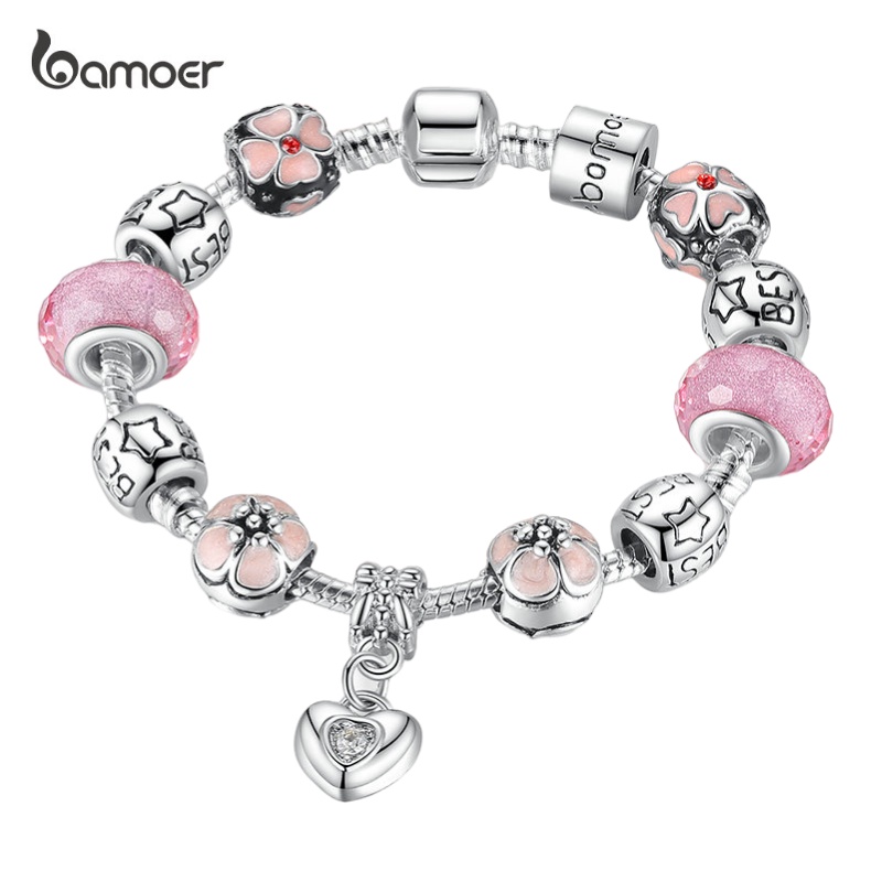 BAMOER Silver Plated Charm Bracelet with Heart Pendant & Cherry Blossom Charm Pink Murano Glass Beads Friendship Bracelet PA1459