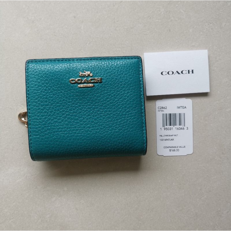 💯 กระเป๋าสตางค์ Coach 2พับ สีเขียว (มือสอง)​ ของแท้