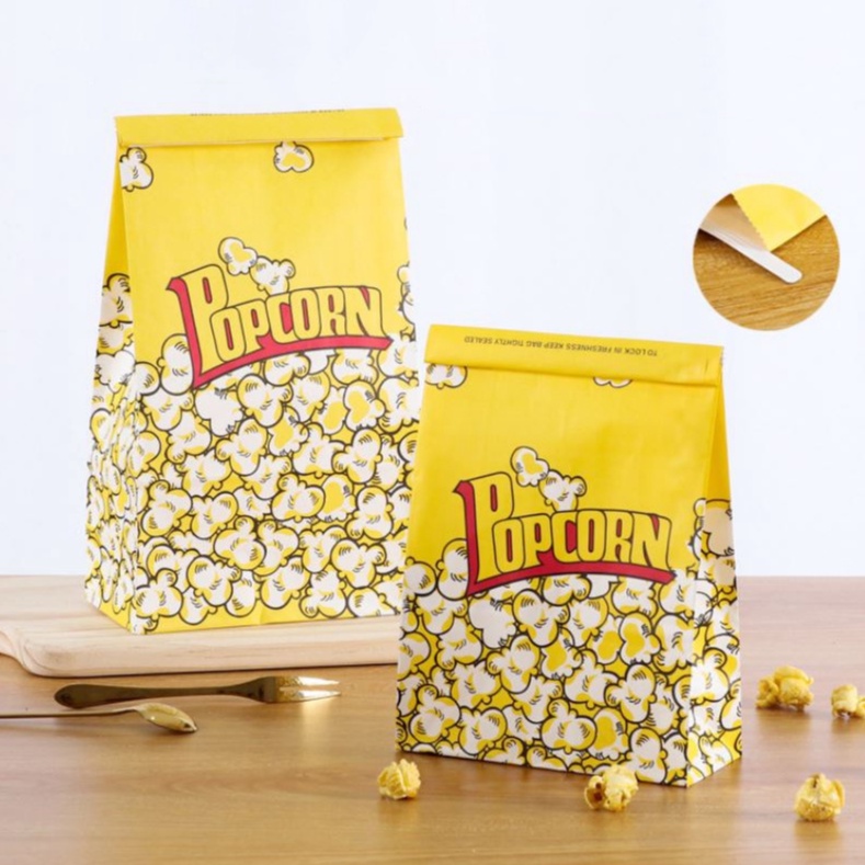 ถุงกระดาษเคลือบ กันน้ำ-น้ำมัน พิมพ์ลาย Popcorn ขนาดกลาง-ขนาดใหญ่ แบบมีลวด-ไม่มีลวด แพ็ค 50 ชิ้น