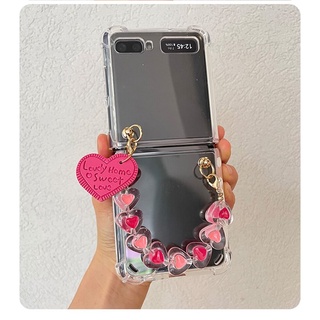 เคสโทรศัพท์มือถือแบบใส กันกระแทก พร้อมสายคล้องมือ จี้รูปหัวใจเล็กน่ารัก สําหรับ Samsung Galaxy Z Flip 4G 4 3 Flip4 Flip3 5G DIY