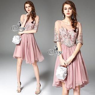 Sevy Luxury Lace Pink Gold Embroidered Dress