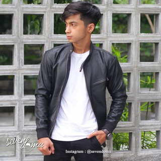 Alpha เสื้อแจ็คเก็ตหนัง สีดํา เรียบง่าย หรูหรา สําหรับผู้ชาย | รุ่น A109