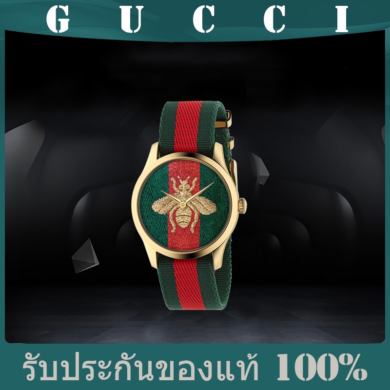 Gucci Men's Watch Fashion Bee นาฬิกาข้อมือ Embroidered nylon red and green strap Men's Quartz Watch นาฬิกาควอตซ์