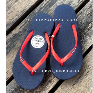 สายเล็ก สีพื้นกรมท่า หูแดง  Navy Red Slim Hippo Bloo shoe รองเท้าแตะฮิปโป 36-37-38-39-40