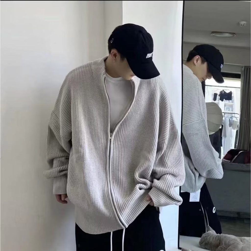 ฤดูใบไม้ร่วงอินเทรนด์ยืนขึ้นปกหลวมวางไหล่สไตล์ขี้เกียจซิปถักเสื้อกันหนาวคาร์ดิแกนทุกการแข่งขันสีทึบเสื้อลําลอง