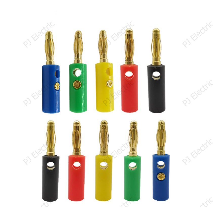 10 ชิ้น บานานาปลั๊กตัวผู้ (Banana plug) ขนาด 4 มิลลิเมตร ยาว 40 มิลลิเมตร แบบสกรูขันยึดสายไฟ (ชุบทอง 5 สี)