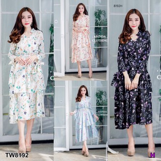 TwinsShopVip💗พร้อมส่ง TW8192 เดรสเชิ้ตคอจีนลายดอก Floral Chinese Neck Shirt Dress