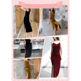 Sexy Sling Dress V-Neck Velvet Slit Pack Hip Midi Dress