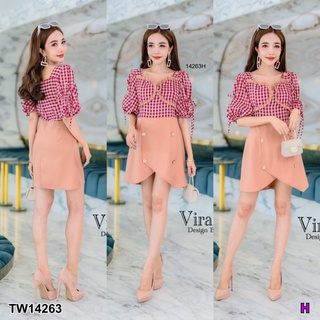 MM14263 เดรสลายสก็อตกระโปรงป้ายหน้า plaid skirt front dress