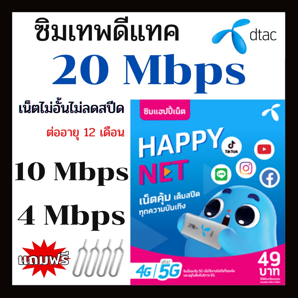 ซิมเทพ Dtac ดีแทค ซิมเปล่า 4mbps/10mbps/20mbps ไม่ลดสปีด โทรฟรีในเครือข่าย นาน12 เดือน