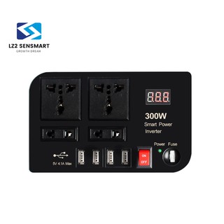 300W ปลั๊กจุดบุหรี่ Smart Power Inverter DC 12V to AC 220V 50Hz w/4 USB 5v4.1a Ports 4 AC Outlets