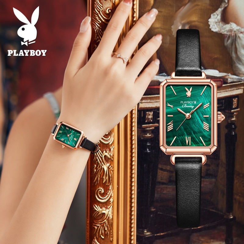 นาฬิกา PLAYBOY สาวนาฬิกาสีเขียวอินสไตล์ย้อนยุค นาฬิกาผู้หญิงอารมณ์เรียบง่ายเฉพาะของแท้ความหรูหราเบา ๆ