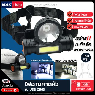 MaxLight ไฟฉายคาดหัว สว่างกะทัดรัด ไฟ 3 ระดับ มีไฟกระพริบ ส่องไกล ไฟฉายแรงสูง ไฟฉาย ไฟฉายชาร์จUSB