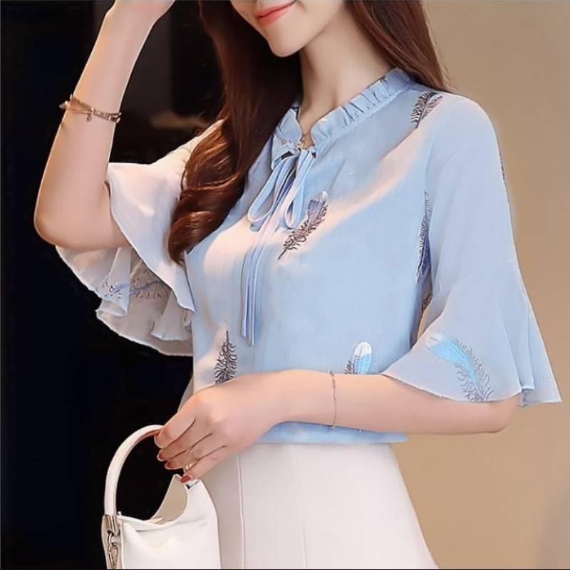 [Ready Stock] Women Bell-Sleeve Flower Chiffon Blouse Korean Style Short Sleeves Loose Shirt #4