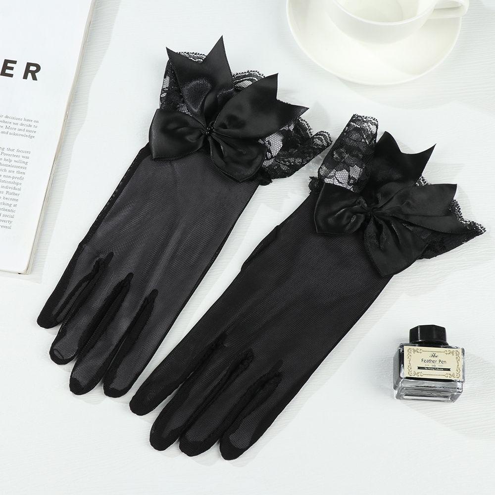 EUTUS Women Bride Mittens Marriage Party Bow Lace Gloves Chiffon White ...