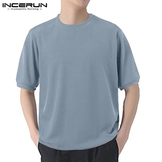 Incerun เสื้อยืดแขนสั้นลําลอง ทรงหลวม สีพื้น สไตล์เรียบง่าย สําหรับผู้ชาย มี 3 สี