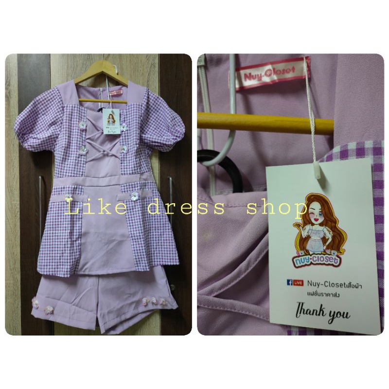 Nuy shop M set ลายดอกม่วงเสื้อและกางเกงขาสั้น