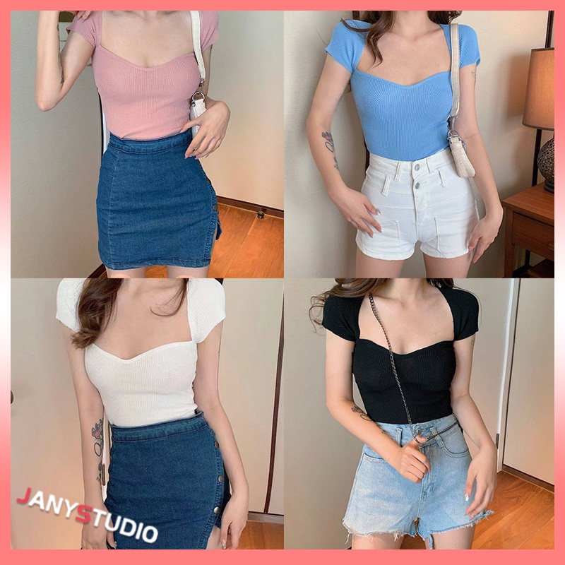 แฟชั่่นผู้หญิง เสื้อยืดคอเหลี่ยมแขนสั้น เสื้อยืดเข้ารูปแฟชั่นผู้หญิง ผ้านุ่มใส่สบาย แมทซ์ง่ายๆใส่กับอะไรก็เข้ากัน