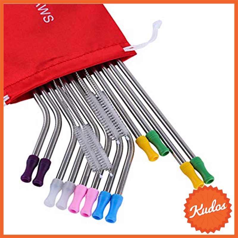 KUDOSTH SET2 หลอดดูดน้ำ หลอดสแตนเลส แบบงอ แบบตรง แปรงล้างหลอด (แถมฟรี!! ซิลิโคนปลายหลอดทุกอัน)